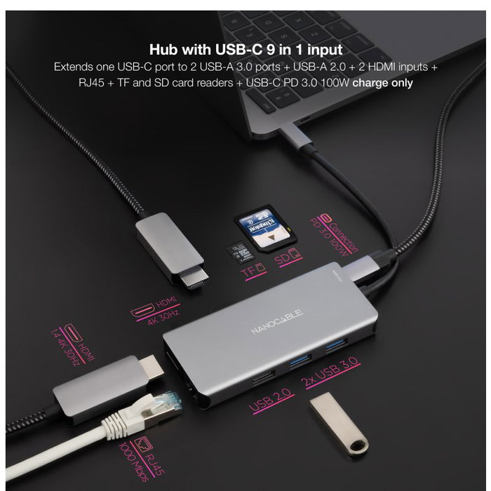 Nanocable Hub USB-C 9 en 1 con 3xUSB-A, 2xHDMI, RJ45 y PD 100W Gris